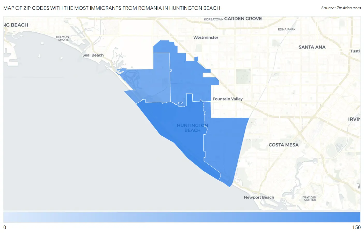 Zip Codes with the Most Immigrants from Romania in Huntington Beach Map