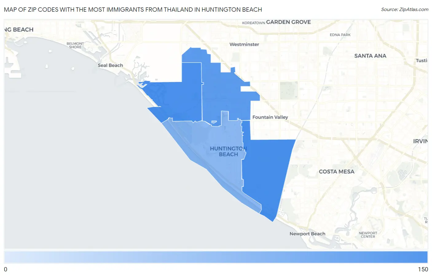 Zip Codes with the Most Immigrants from Thailand in Huntington Beach Map