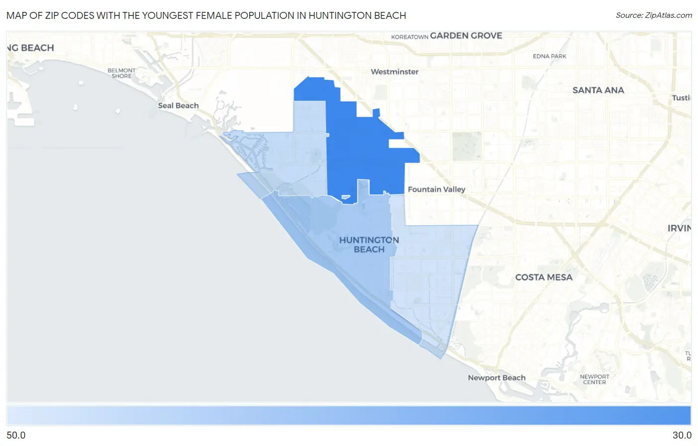 Zip Codes with the Youngest Female Population in Huntington Beach Map