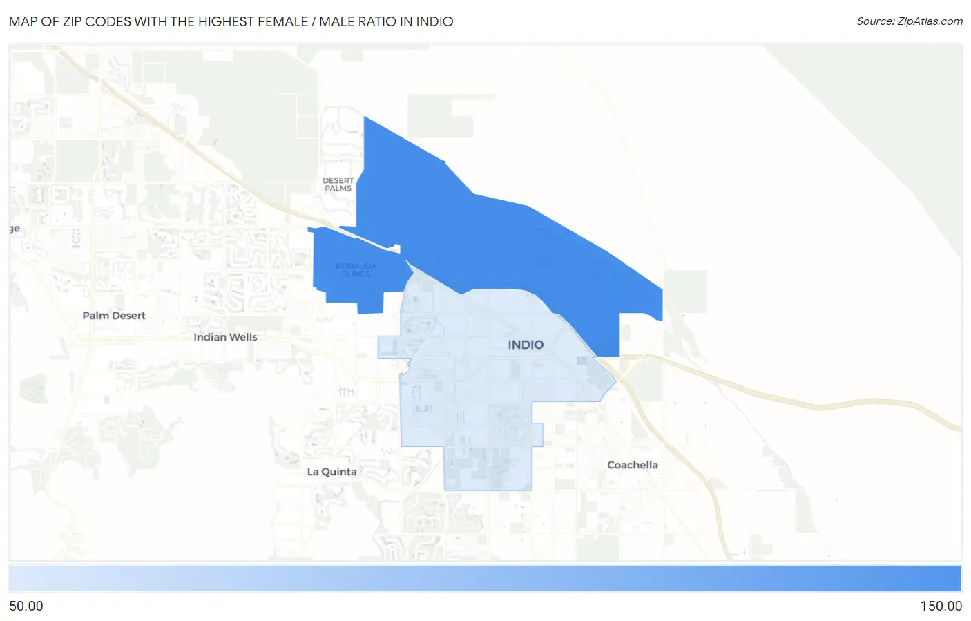 Zip Codes with the Highest Female / Male Ratio in Indio Map