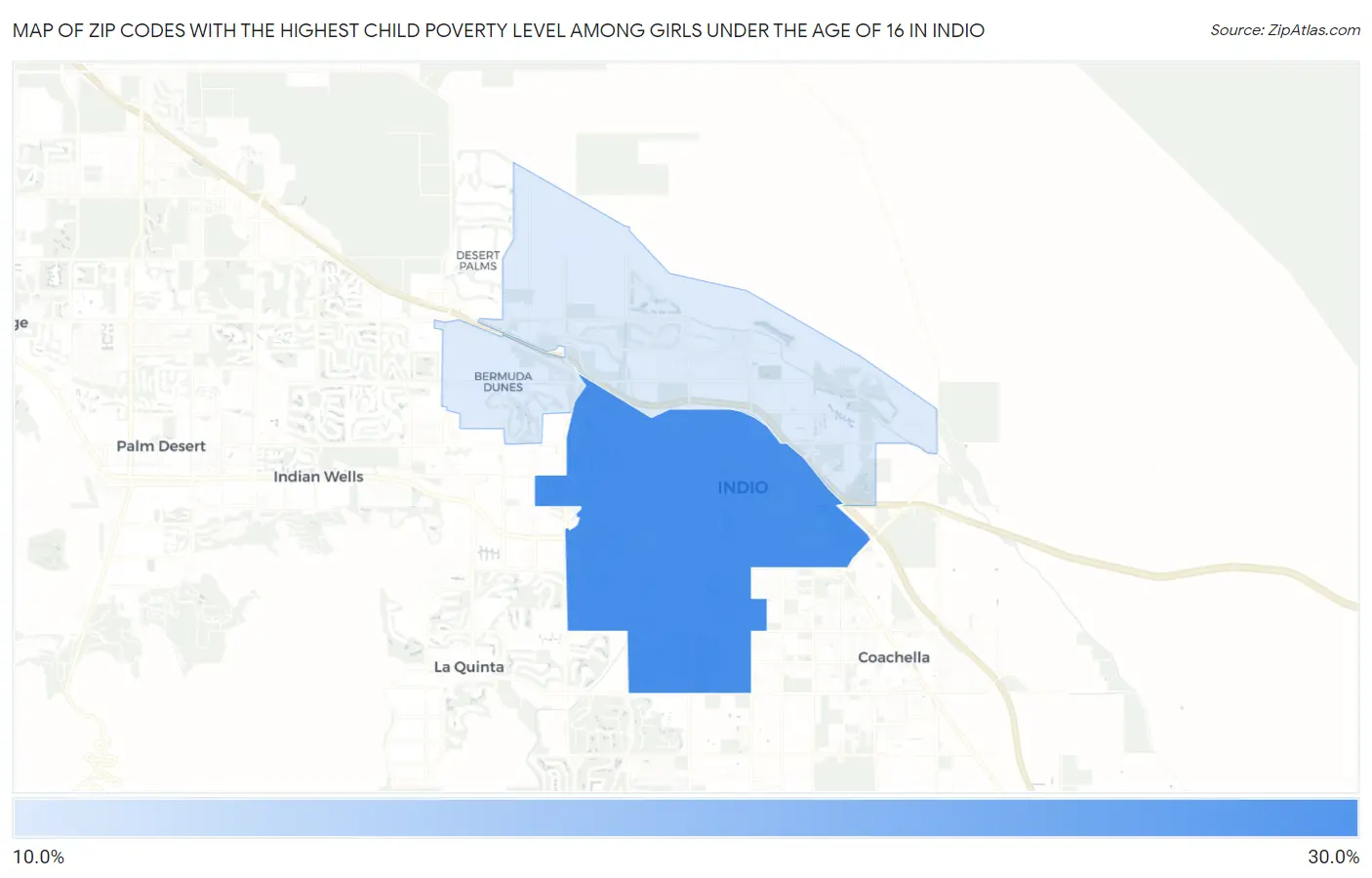 Zip Codes with the Highest Child Poverty Level Among Girls Under the Age of 16 in Indio Map