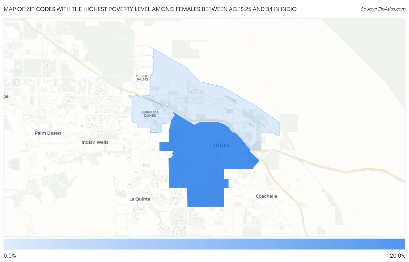 Zip Codes with the Highest Poverty Level Among Females Between Ages 25 and 34 in Indio Map
