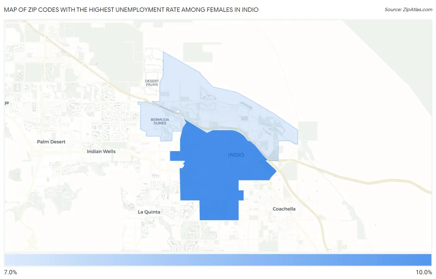Zip Codes with the Highest Unemployment Rate Among Females in Indio Map