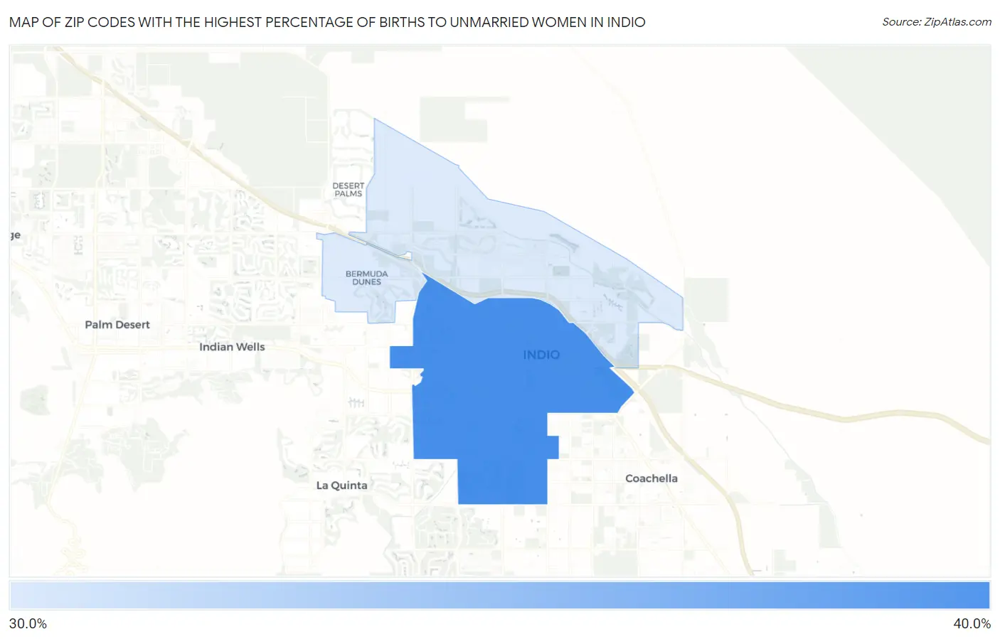 Zip Codes with the Highest Percentage of Births to Unmarried Women in Indio Map