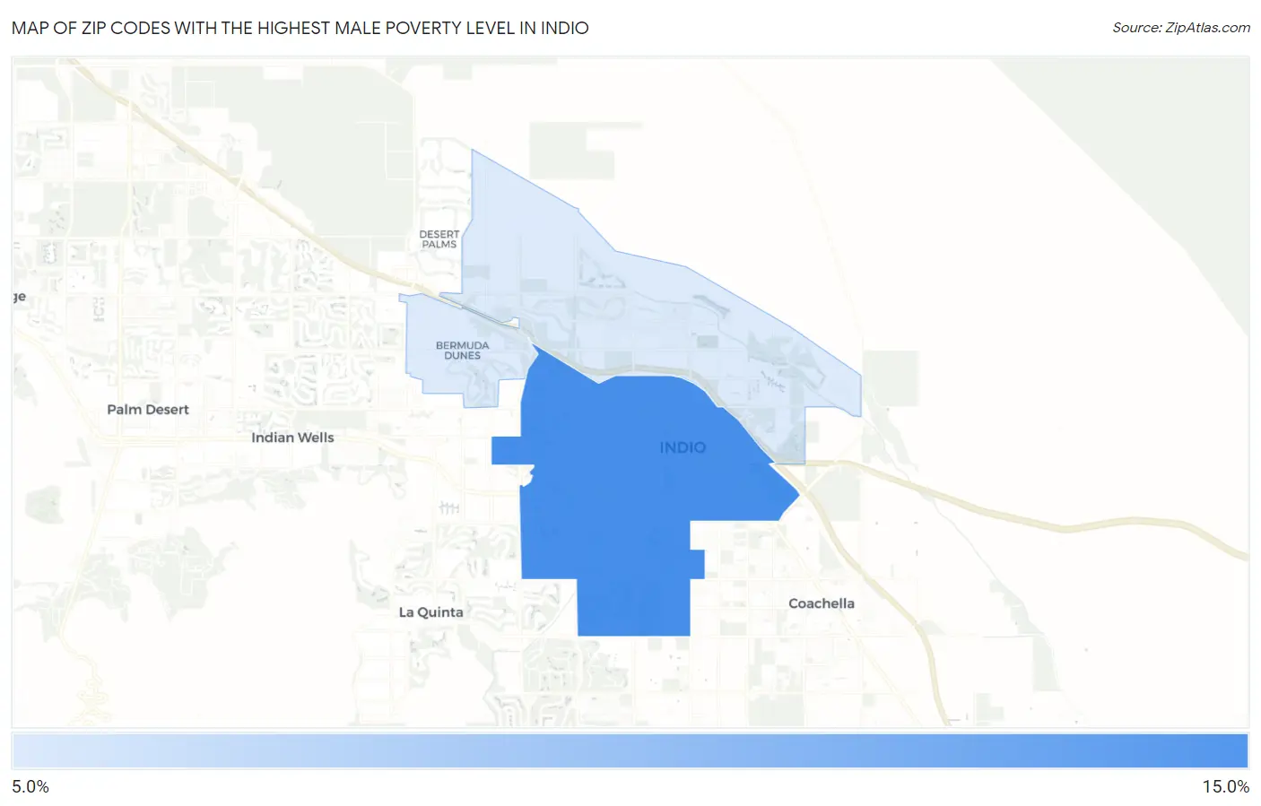 Zip Codes with the Highest Male Poverty Level in Indio Map