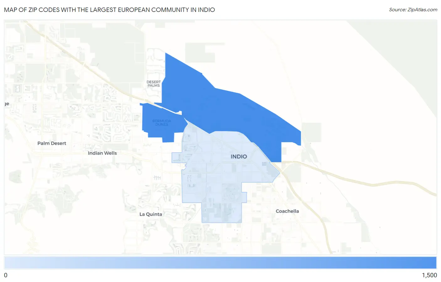 Zip Codes with the Largest European Community in Indio Map