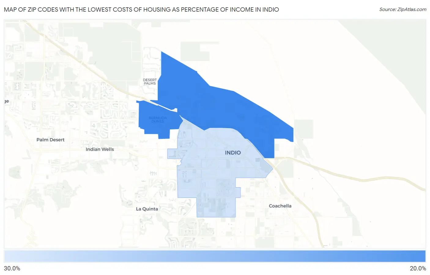 Zip Codes with the Lowest Costs of Housing as Percentage of Income in Indio Map