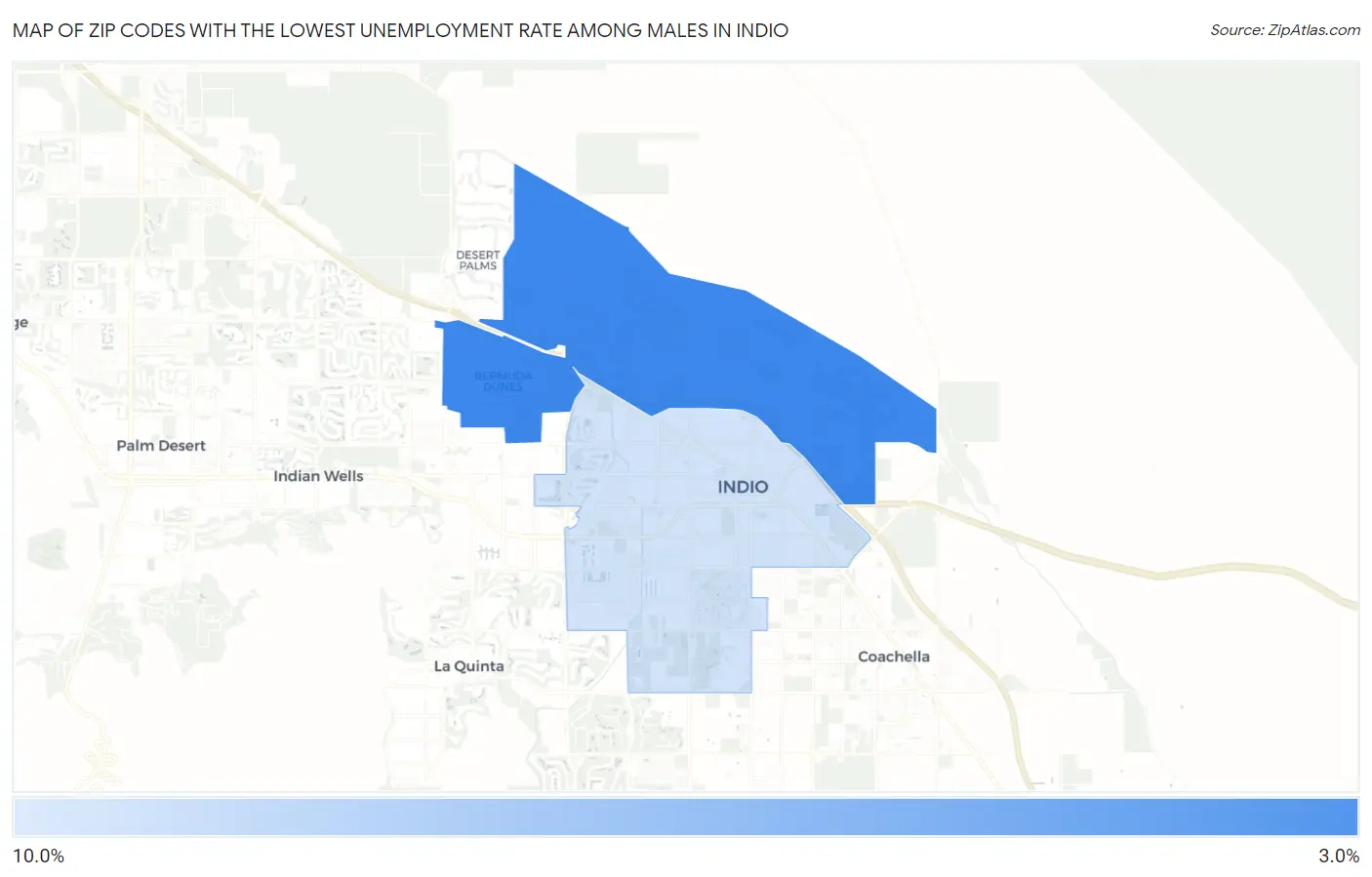 Zip Codes with the Lowest Unemployment Rate Among Males in Indio Map
