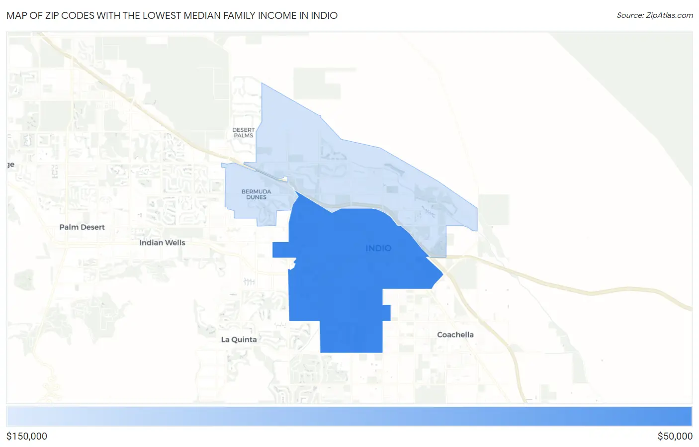 Zip Codes with the Lowest Median Family Income in Indio Map