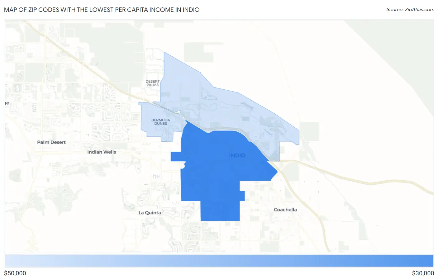 Zip Codes with the Lowest Per Capita Income in Indio Map