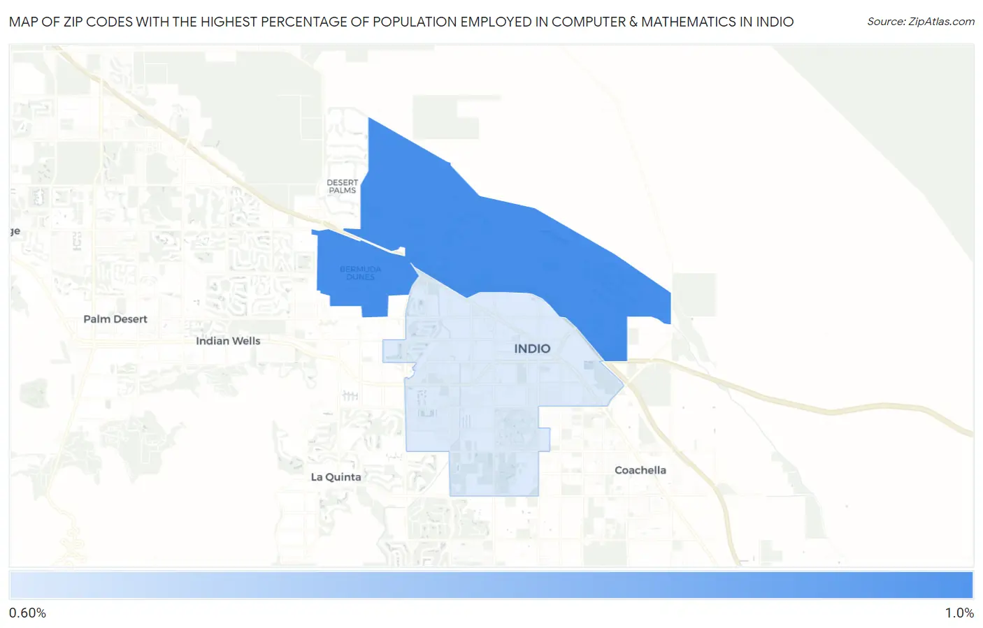 Zip Codes with the Highest Percentage of Population Employed in Computer & Mathematics in Indio Map