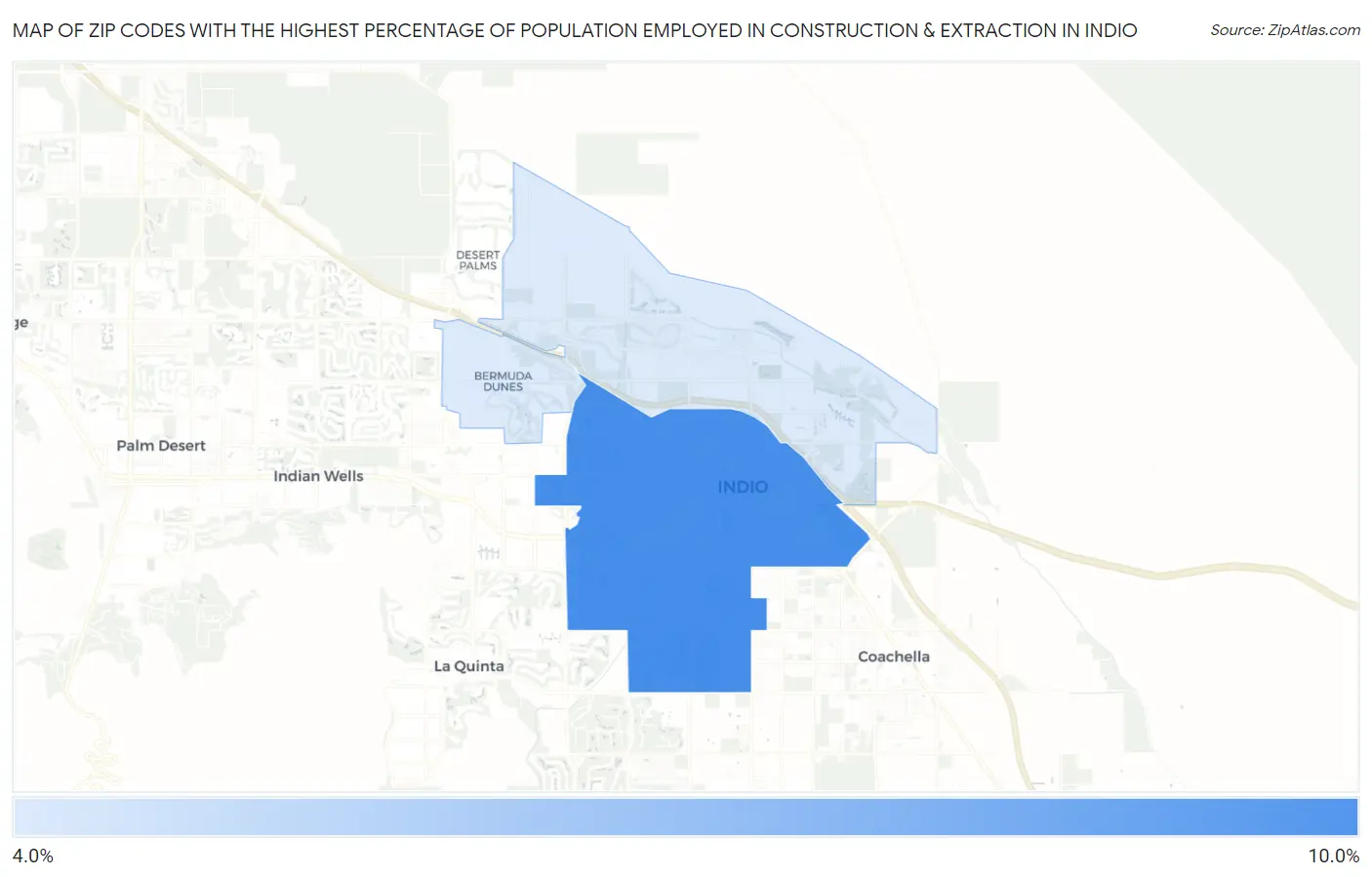 Zip Codes with the Highest Percentage of Population Employed in Construction & Extraction in Indio Map