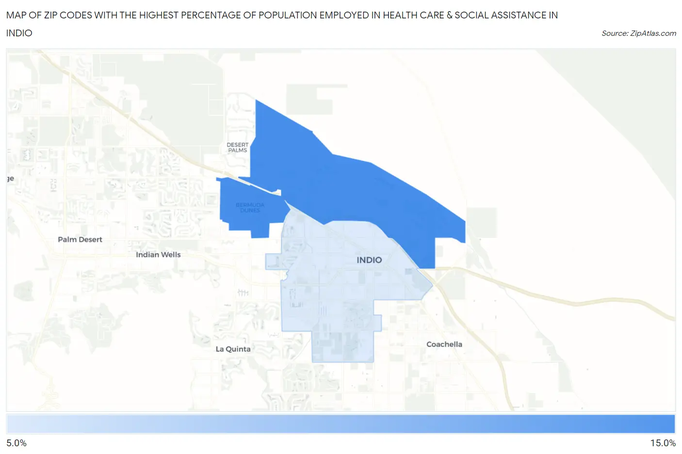 Zip Codes with the Highest Percentage of Population Employed in Health Care & Social Assistance in Indio Map
