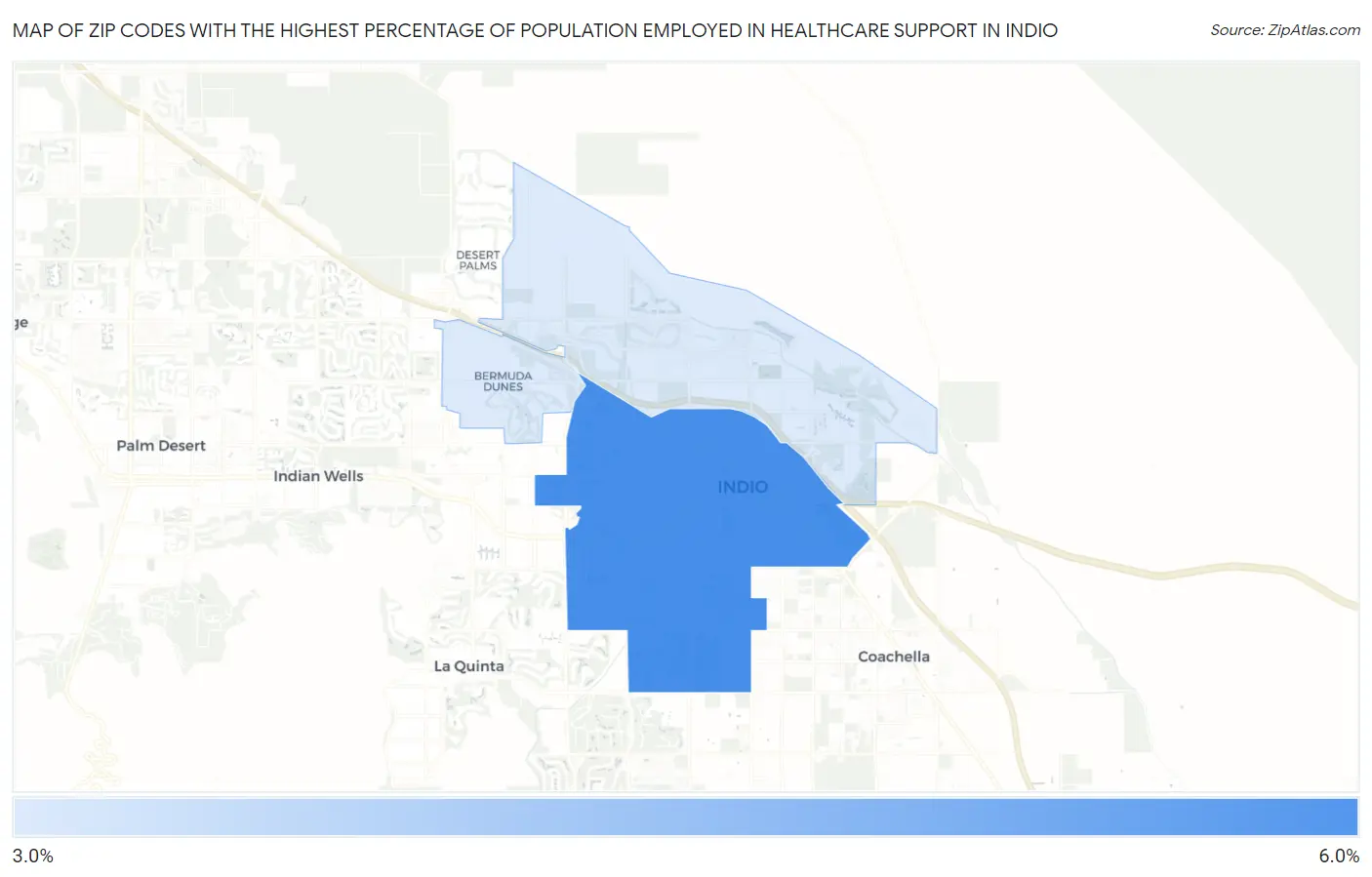 Zip Codes with the Highest Percentage of Population Employed in Healthcare Support in Indio Map