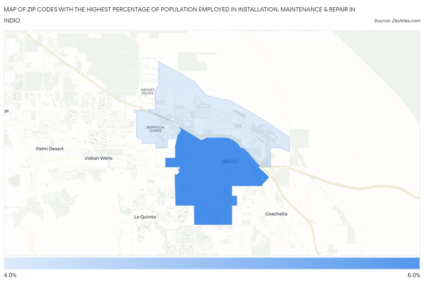 Zip Codes with the Highest Percentage of Population Employed in Installation, Maintenance & Repair in Indio Map