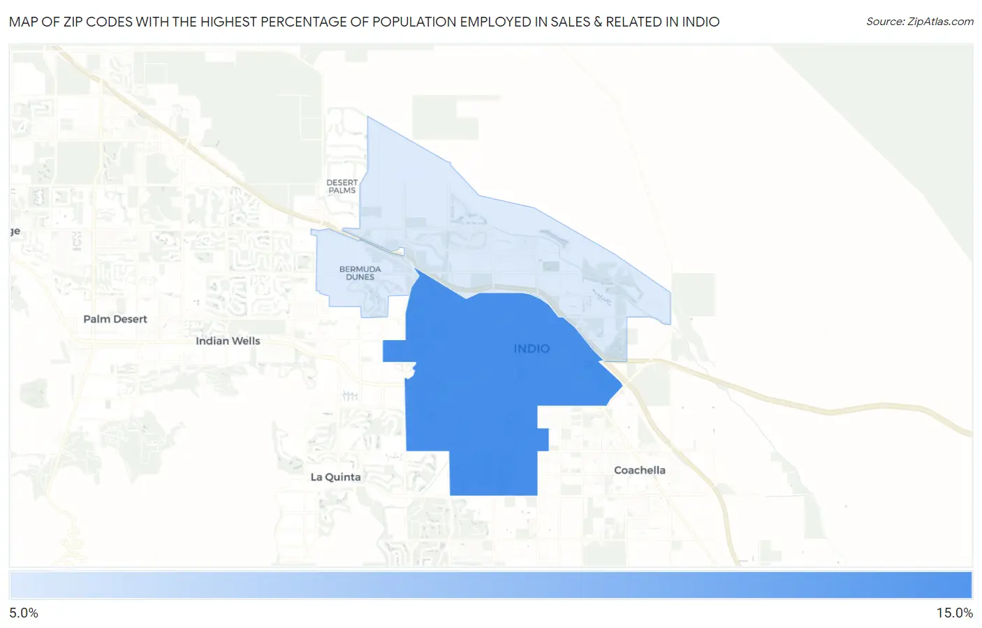 Zip Codes with the Highest Percentage of Population Employed in Sales & Related in Indio Map