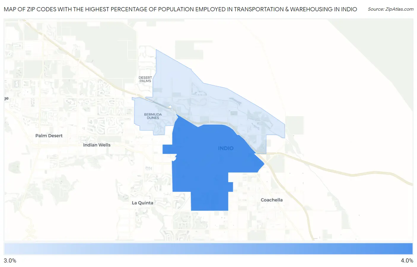 Zip Codes with the Highest Percentage of Population Employed in Transportation & Warehousing in Indio Map