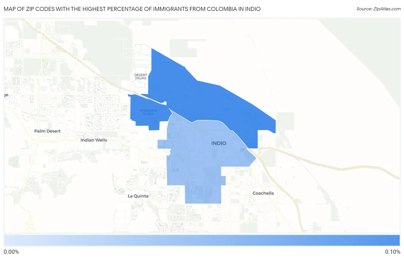 Zip Codes with the Highest Percentage of Immigrants from Colombia in Indio Map