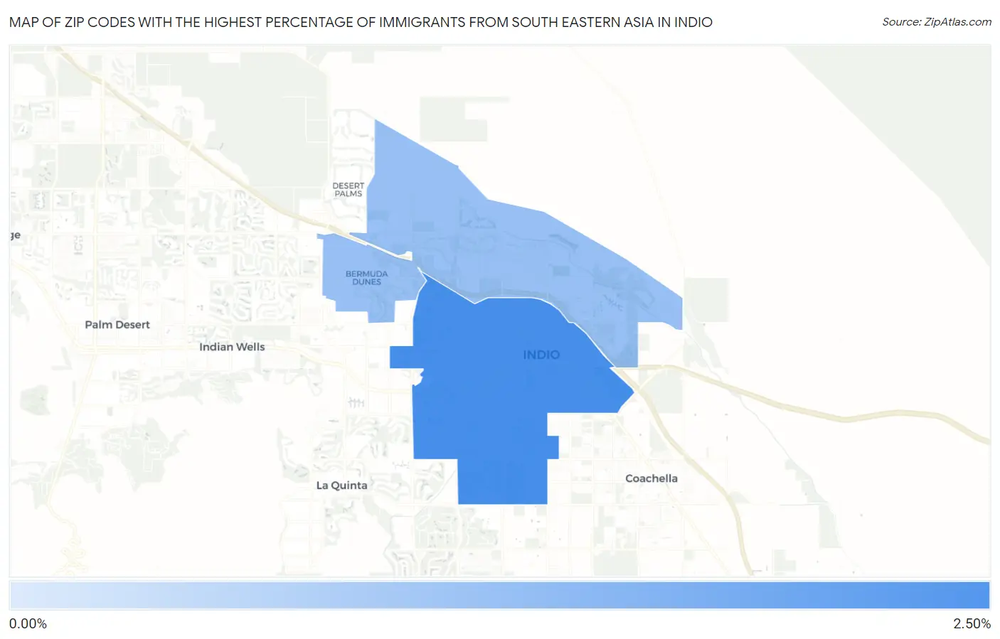 Zip Codes with the Highest Percentage of Immigrants from South Eastern Asia in Indio Map
