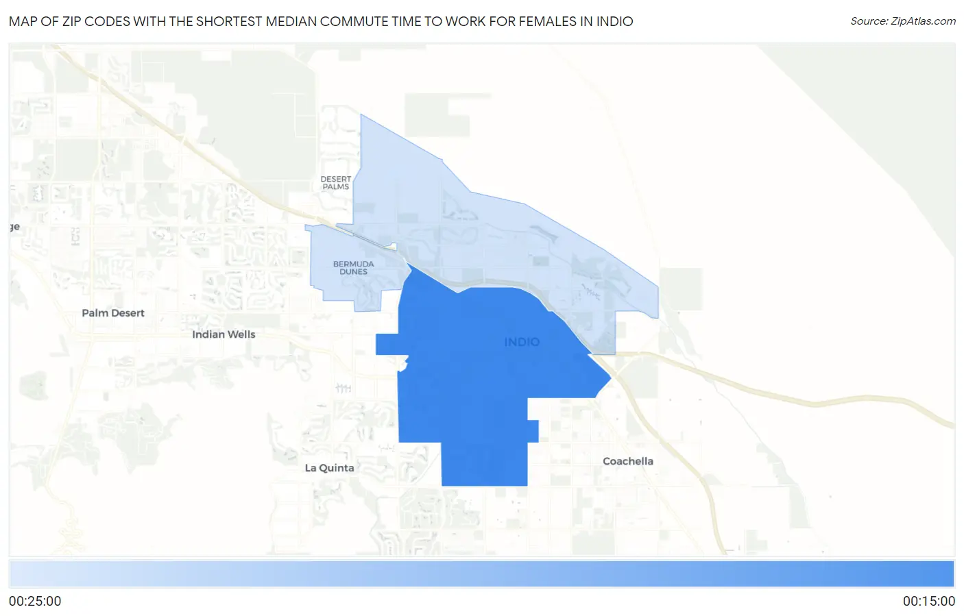 Zip Codes with the Shortest Median Commute Time to Work for Females in Indio Map