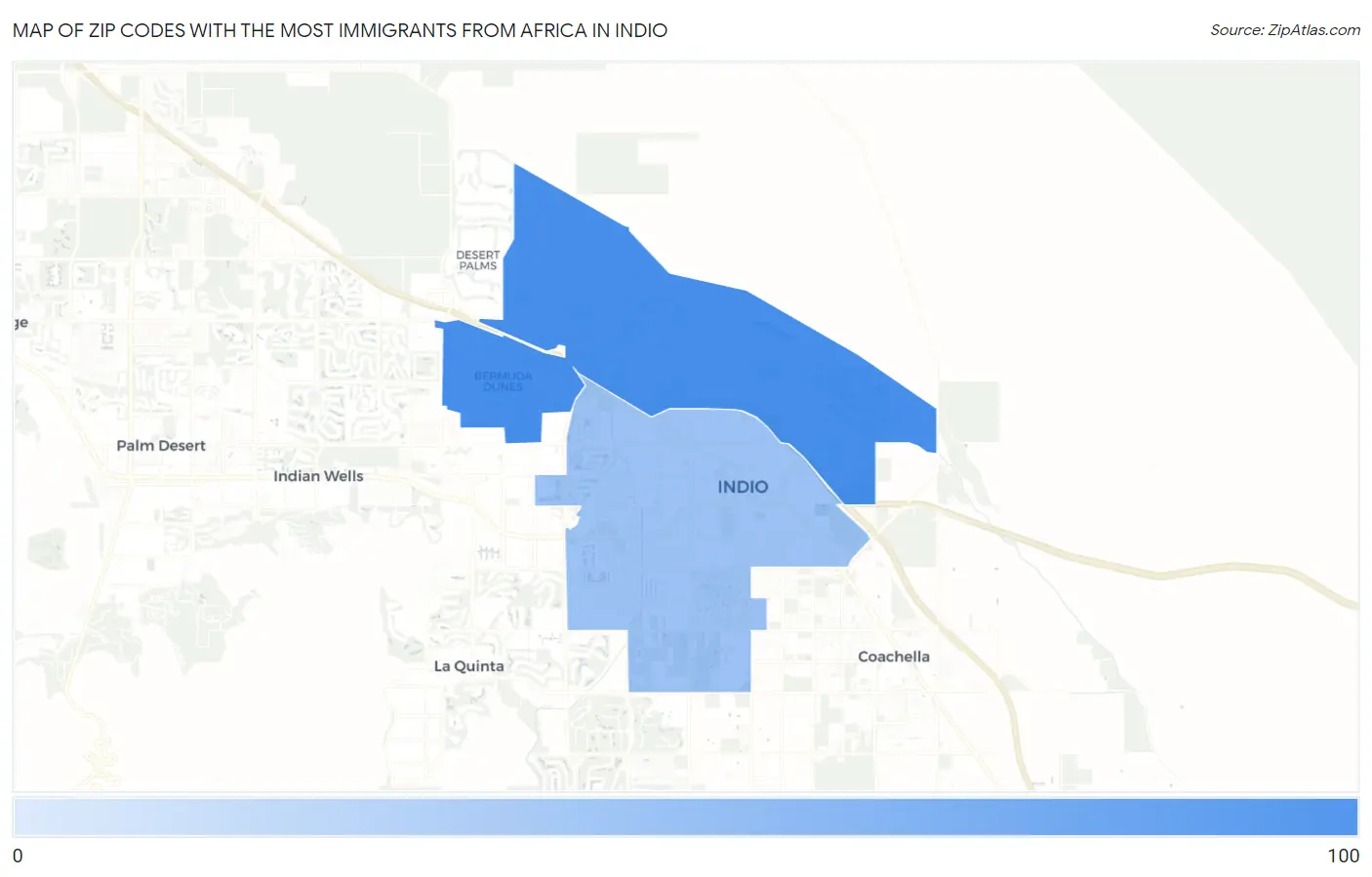 Zip Codes with the Most Immigrants from Africa in Indio Map