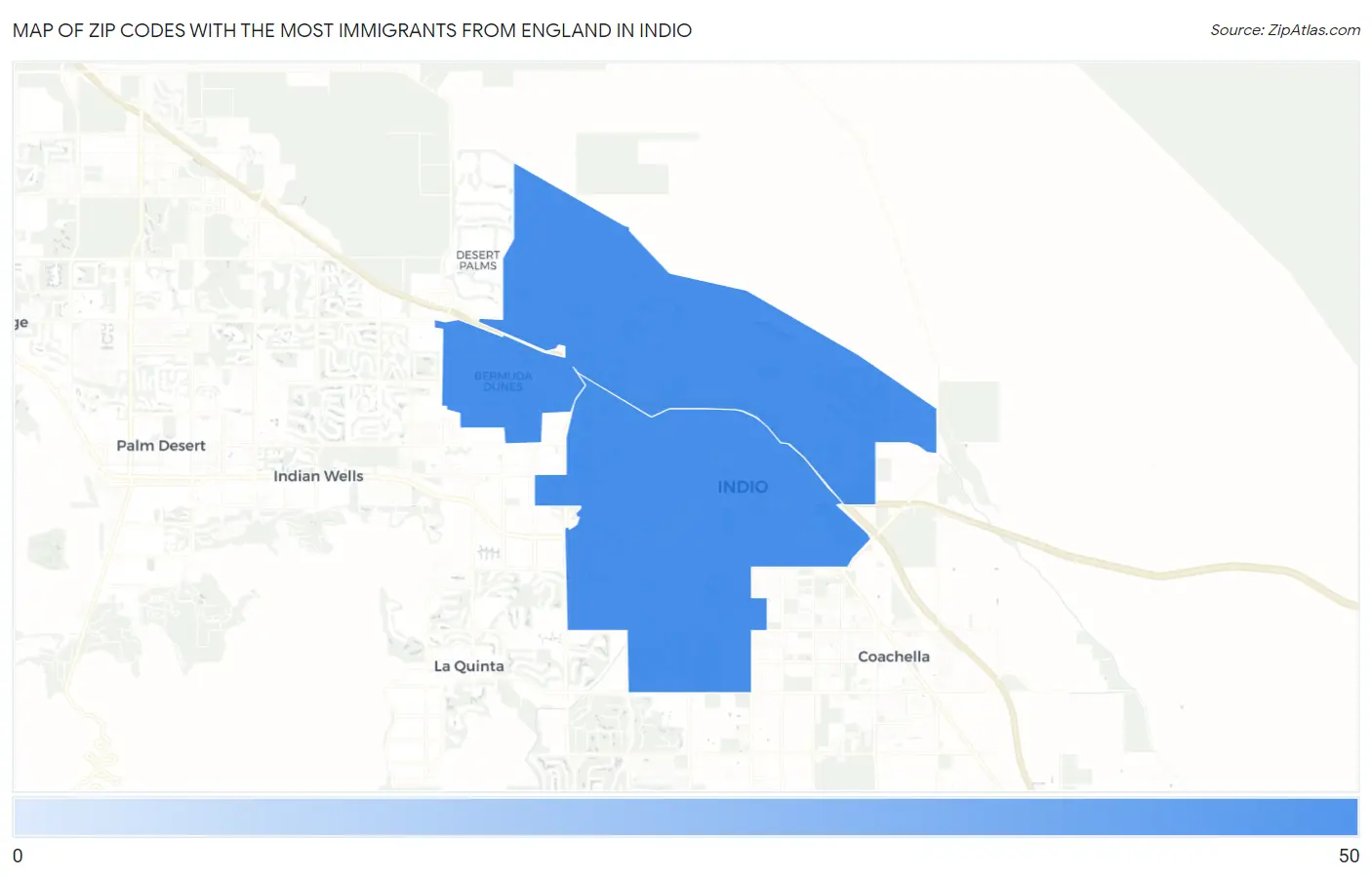 Zip Codes with the Most Immigrants from England in Indio Map