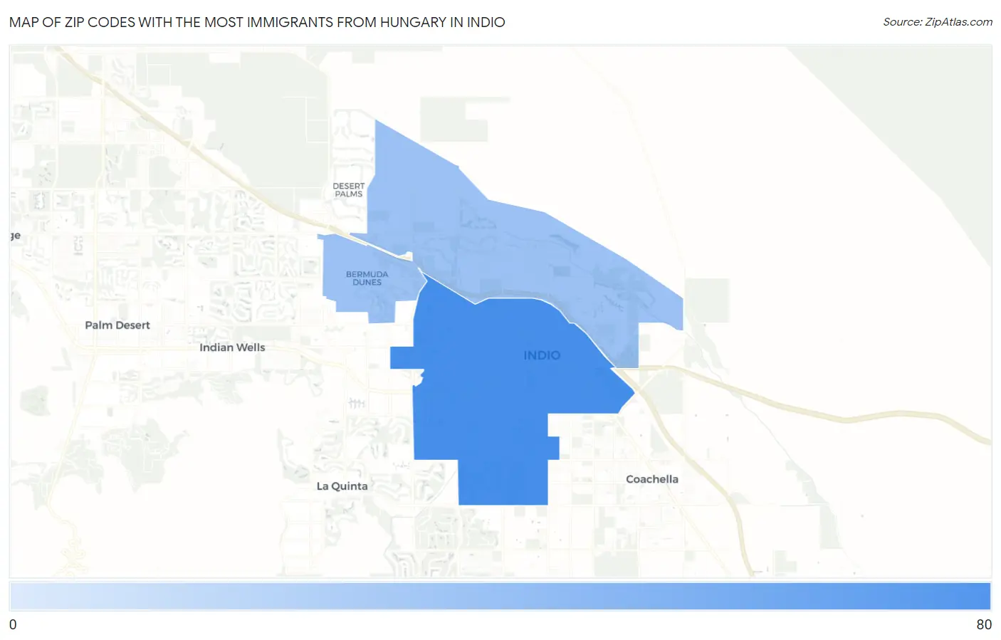 Zip Codes with the Most Immigrants from Hungary in Indio Map
