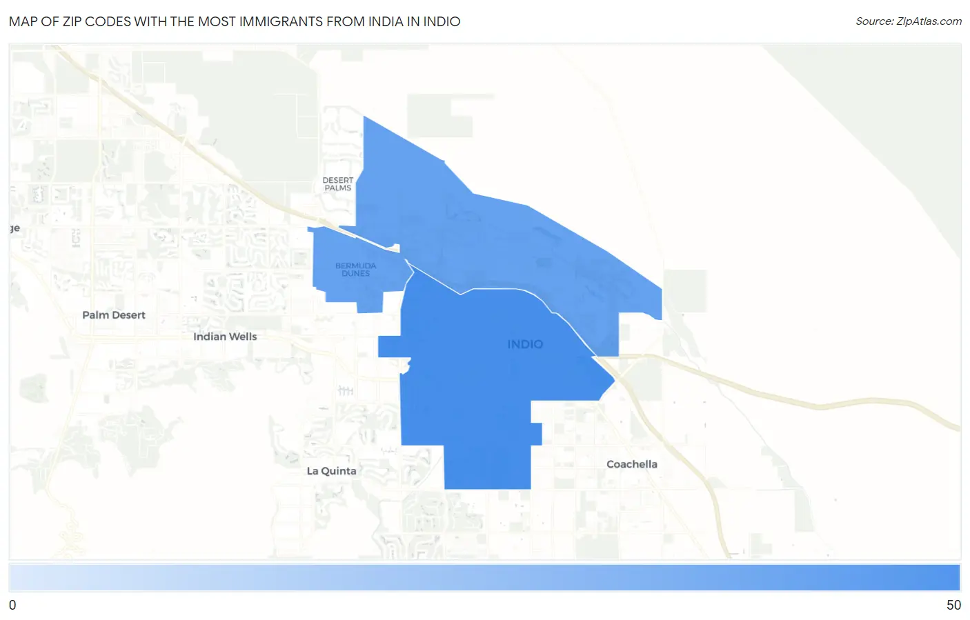 Zip Codes with the Most Immigrants from India in Indio Map