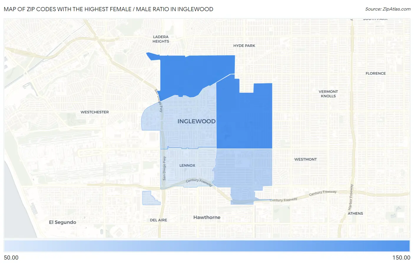 Zip Codes with the Highest Female / Male Ratio in Inglewood Map