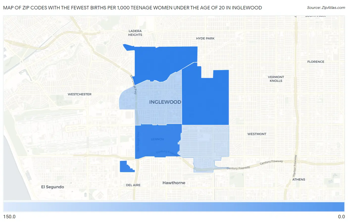 Zip Codes with the Fewest Births per 1,000 Teenage Women Under the Age of 20 in Inglewood Map