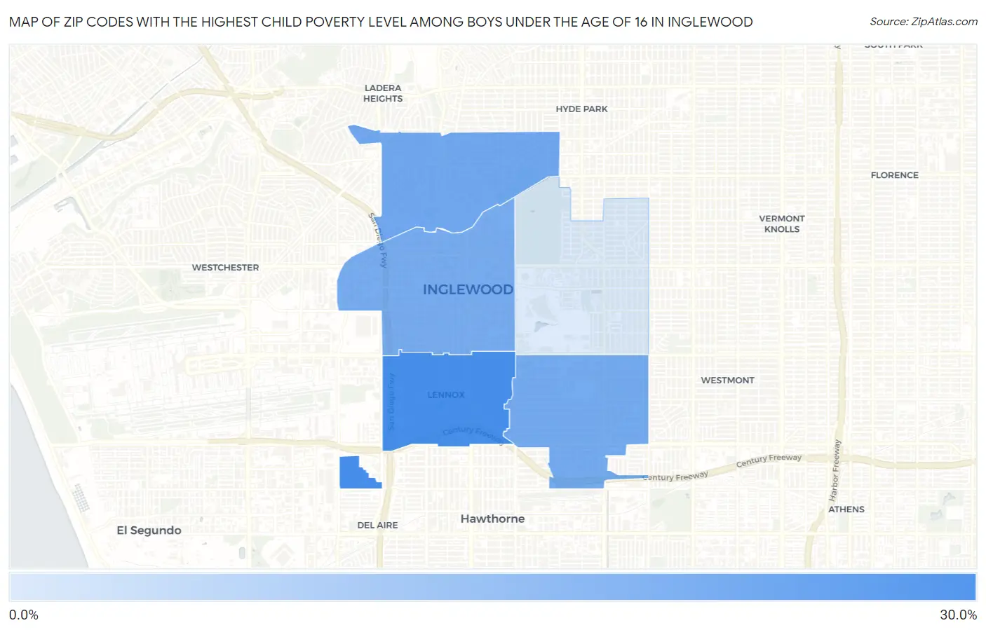 Zip Codes with the Highest Child Poverty Level Among Boys Under the Age of 16 in Inglewood Map