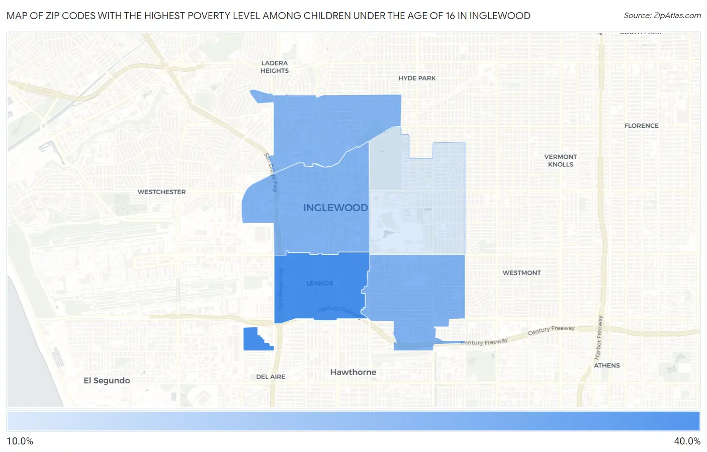 Zip Codes with the Highest Poverty Level Among Children Under the Age of 16 in Inglewood Map