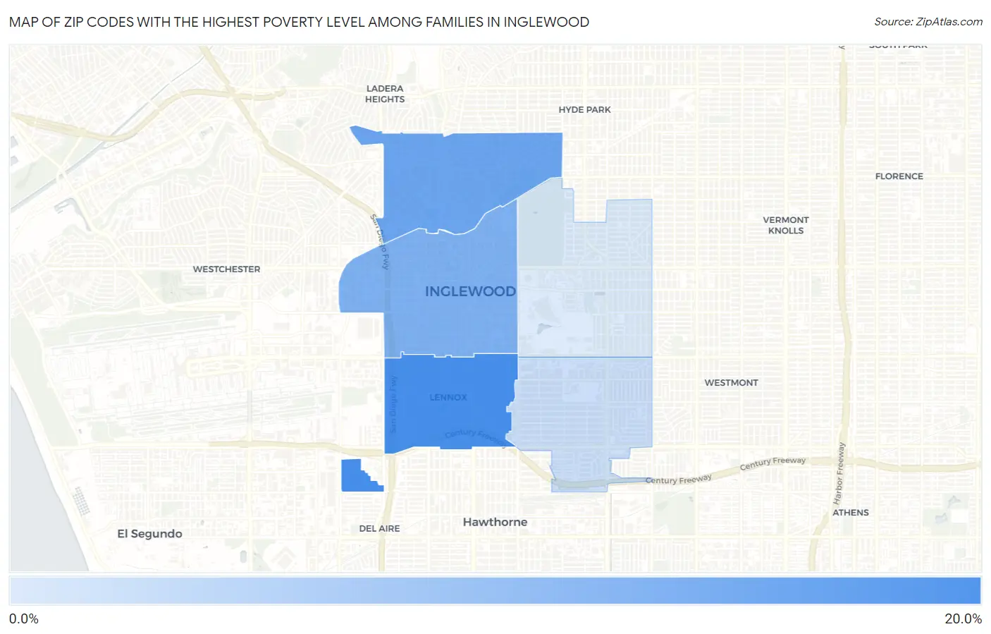 Zip Codes with the Highest Poverty Level Among Families in Inglewood Map