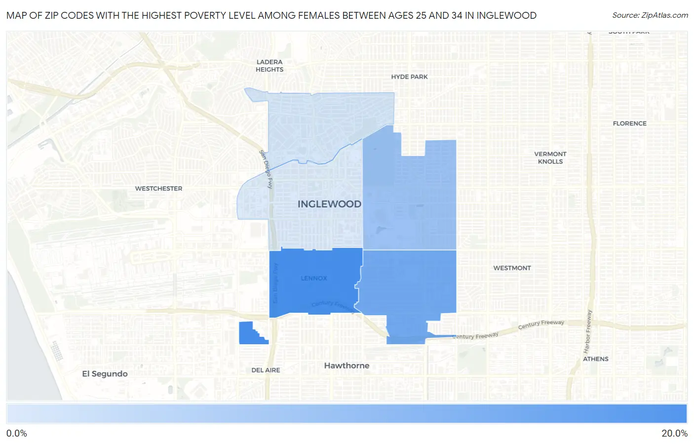 Zip Codes with the Highest Poverty Level Among Females Between Ages 25 and 34 in Inglewood Map
