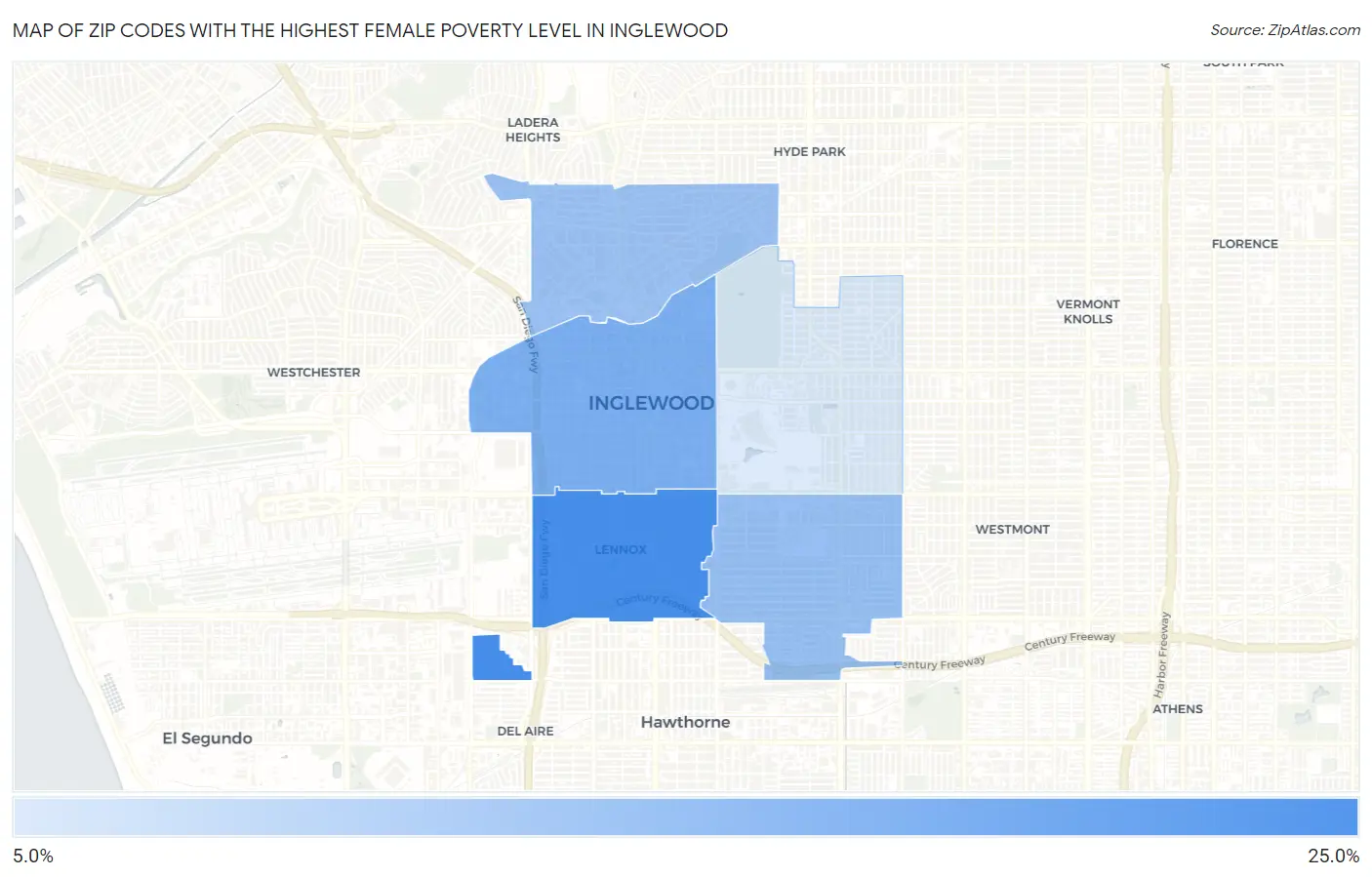 Zip Codes with the Highest Female Poverty Level in Inglewood Map