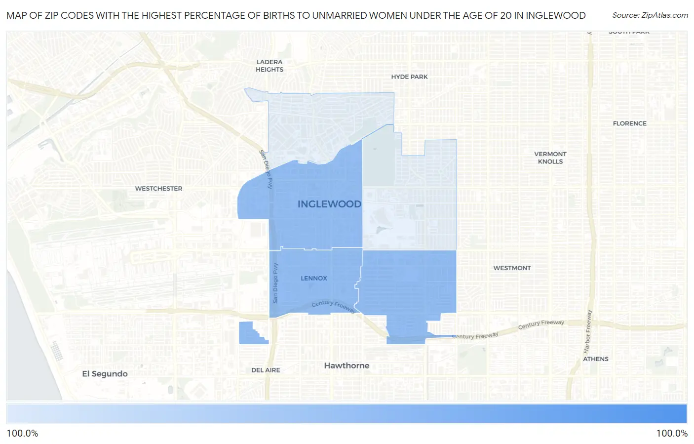 Zip Codes with the Highest Percentage of Births to Unmarried Women under the Age of 20 in Inglewood Map