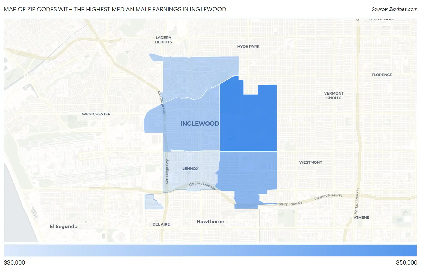 Zip Codes with the Highest Median Male Earnings in Inglewood Map