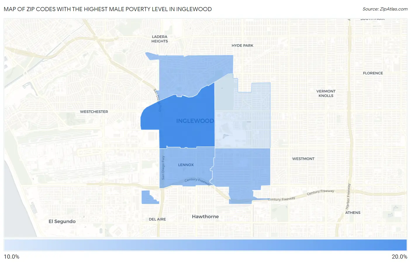 Zip Codes with the Highest Male Poverty Level in Inglewood Map