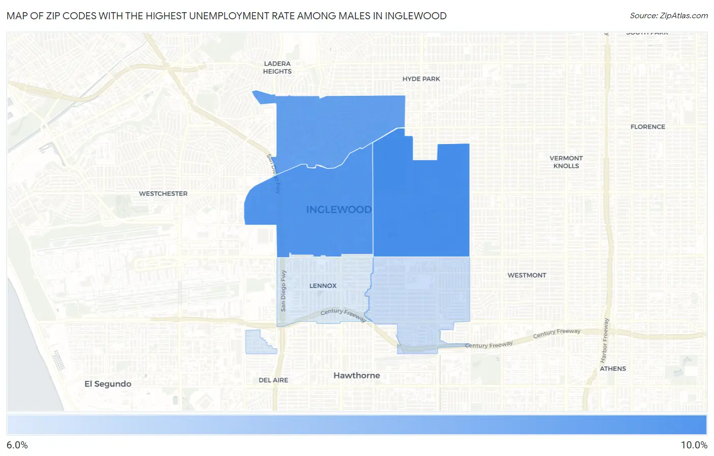 Zip Codes with the Highest Unemployment Rate Among Males in Inglewood Map