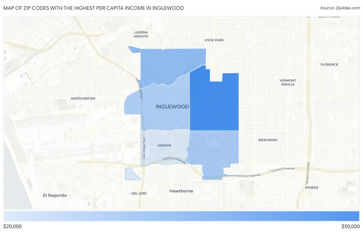 Zip Codes with the Highest Per Capita Income in Inglewood Map