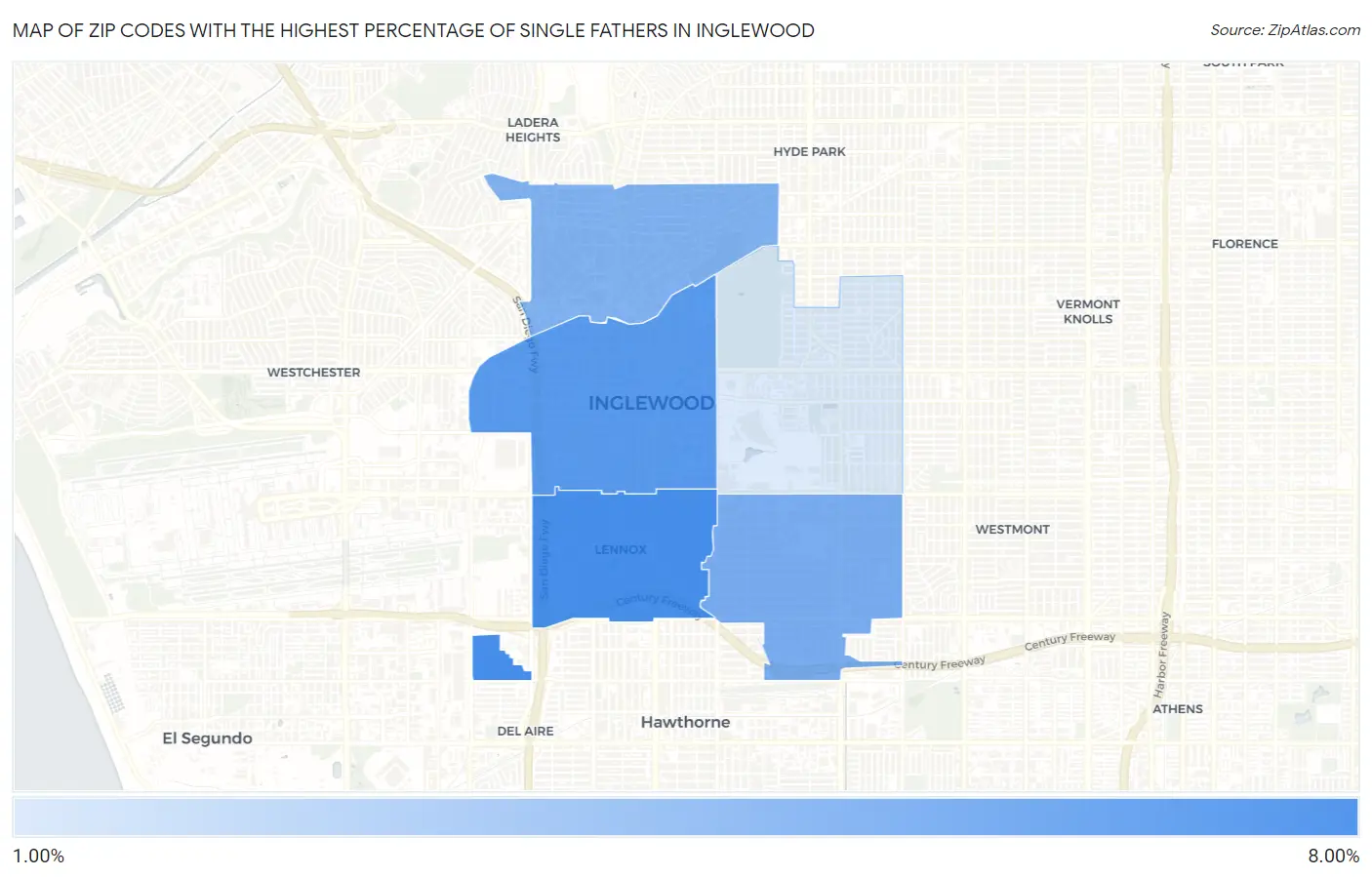 Zip Codes with the Highest Percentage of Single Fathers in Inglewood Map