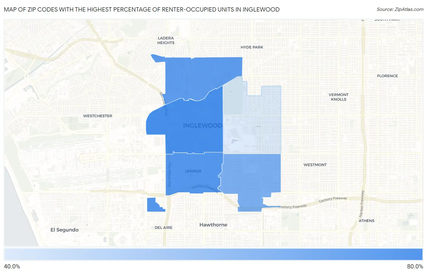 Zip Codes with the Highest Percentage of Renter-Occupied Units in Inglewood Map