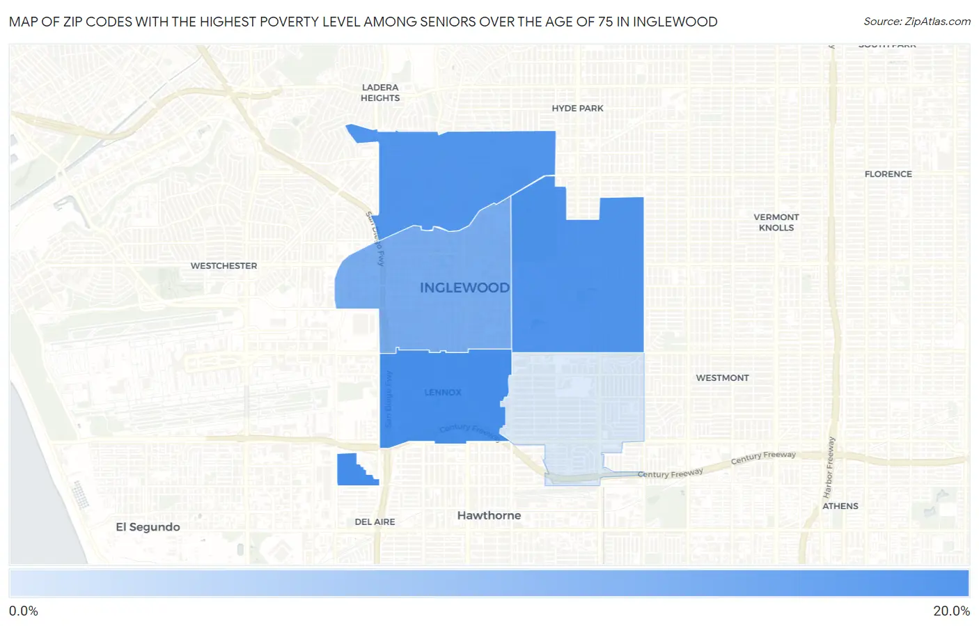 Zip Codes with the Highest Poverty Level Among Seniors Over the Age of 75 in Inglewood Map