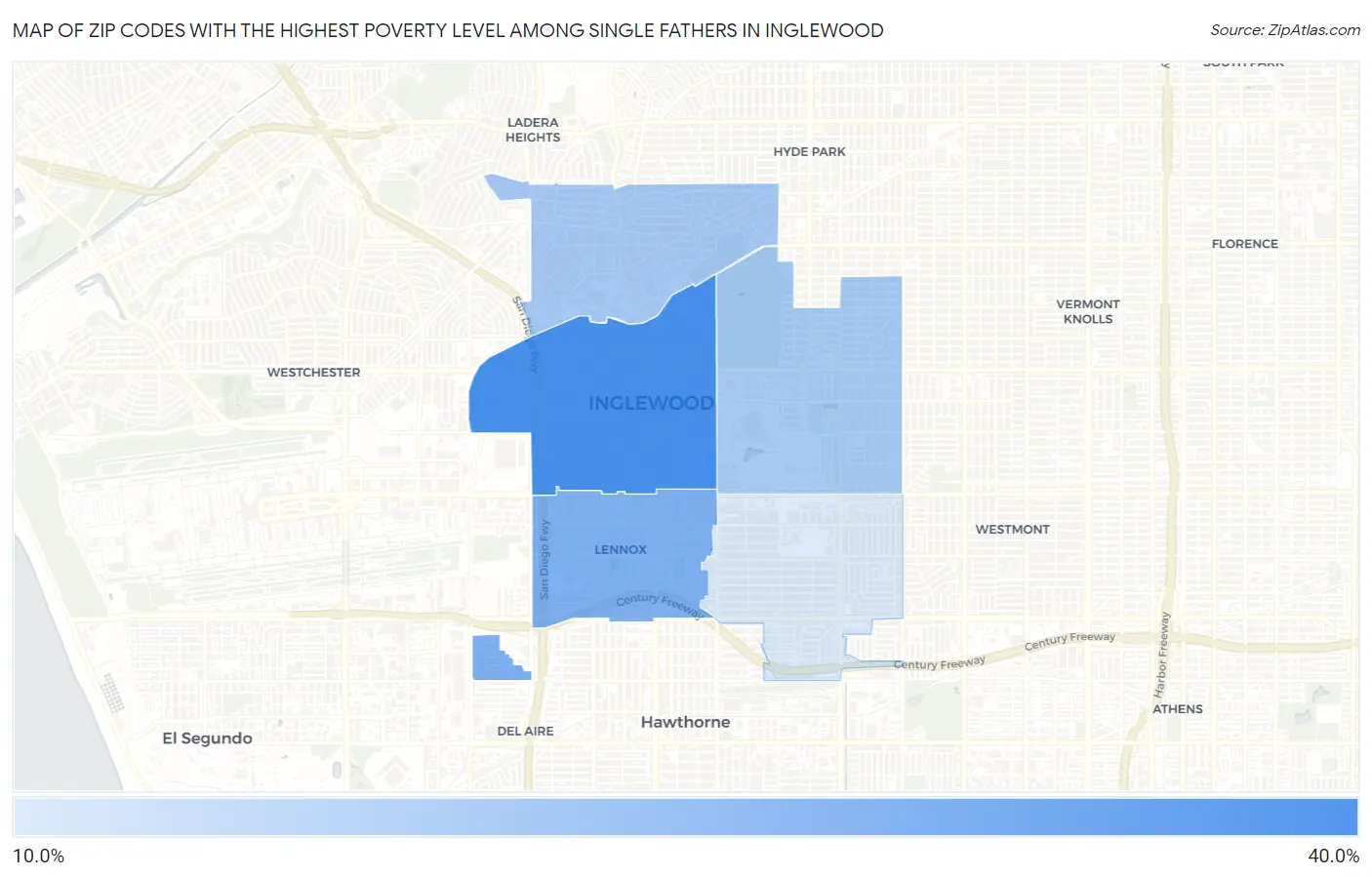 Zip Codes with the Highest Poverty Level Among Single Fathers in Inglewood Map