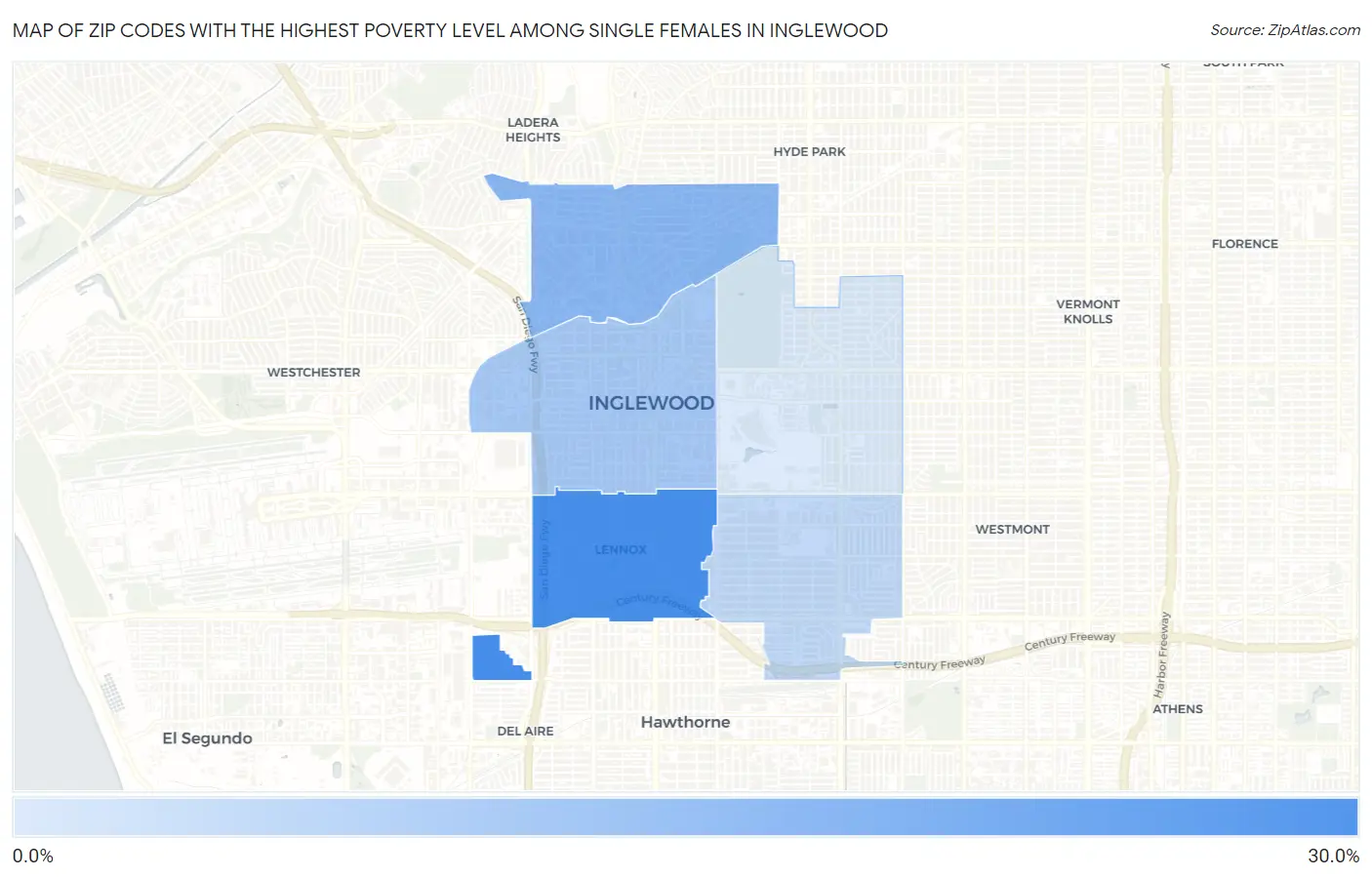 Zip Codes with the Highest Poverty Level Among Single Females in Inglewood Map