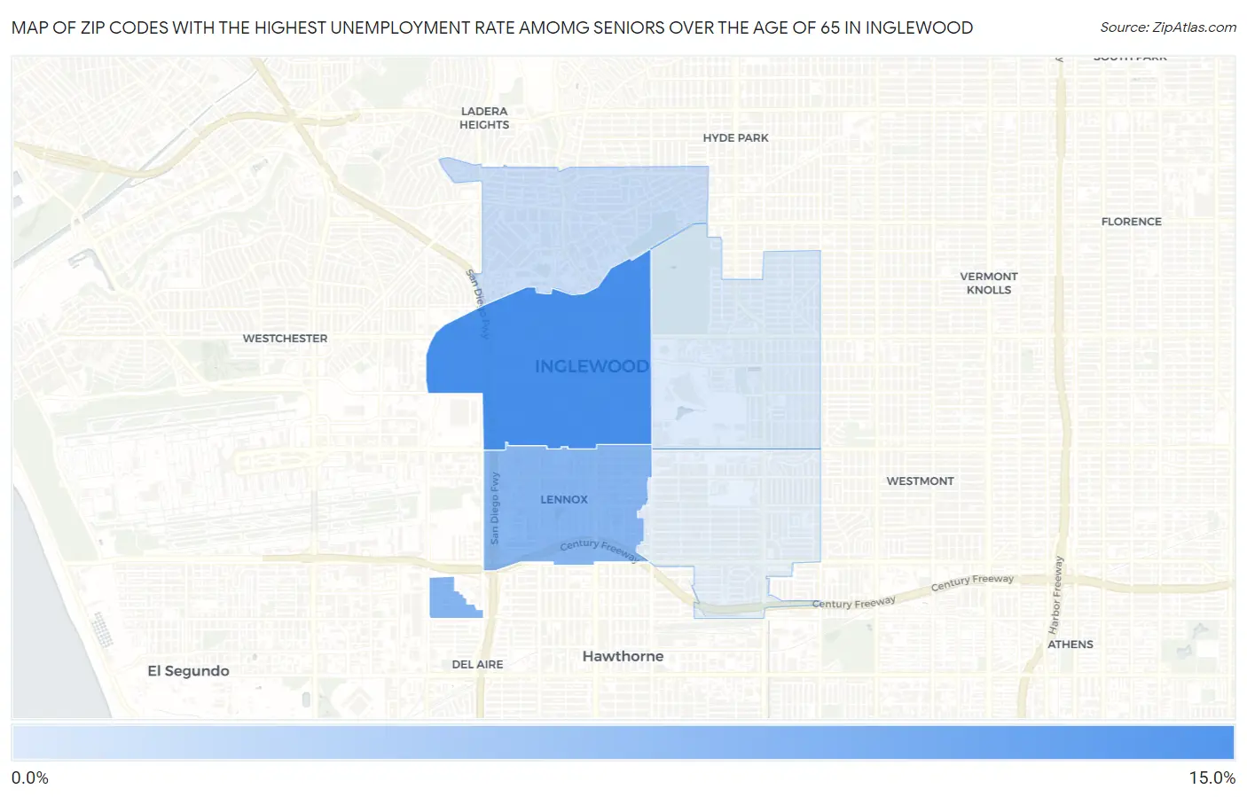 Zip Codes with the Highest Unemployment Rate Amomg Seniors Over the Age of 65 in Inglewood Map