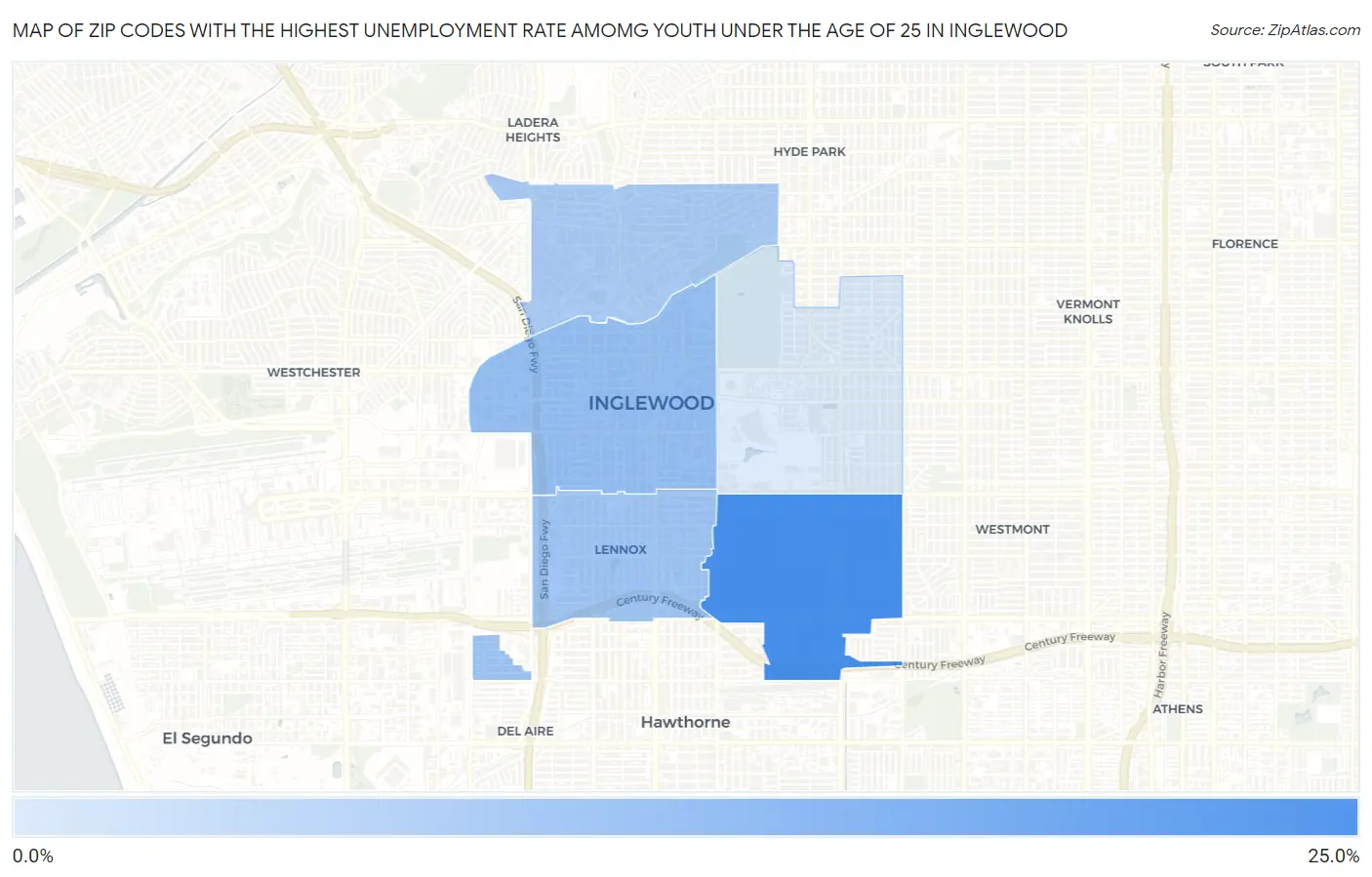 Zip Codes with the Highest Unemployment Rate Amomg Youth Under the Age of 25 in Inglewood Map