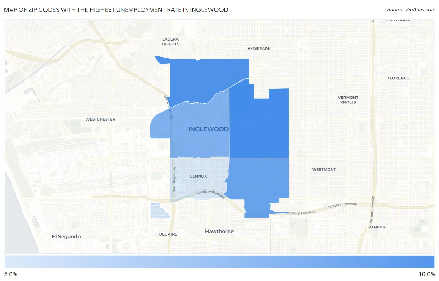 Zip Codes with the Highest Unemployment Rate in Inglewood Map