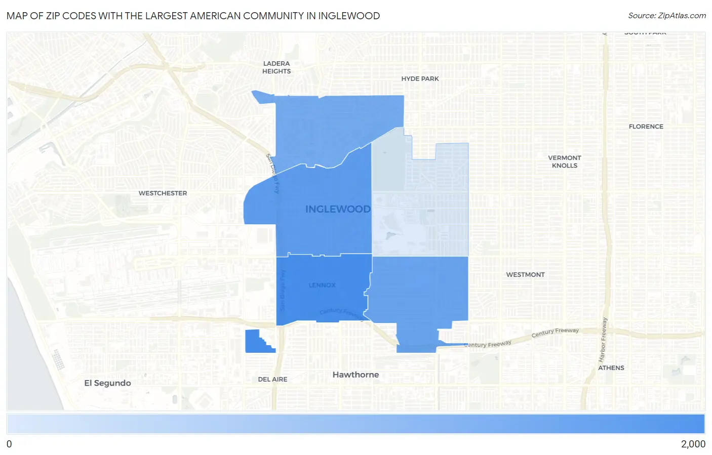 Zip Codes with the Largest American Community in Inglewood Map