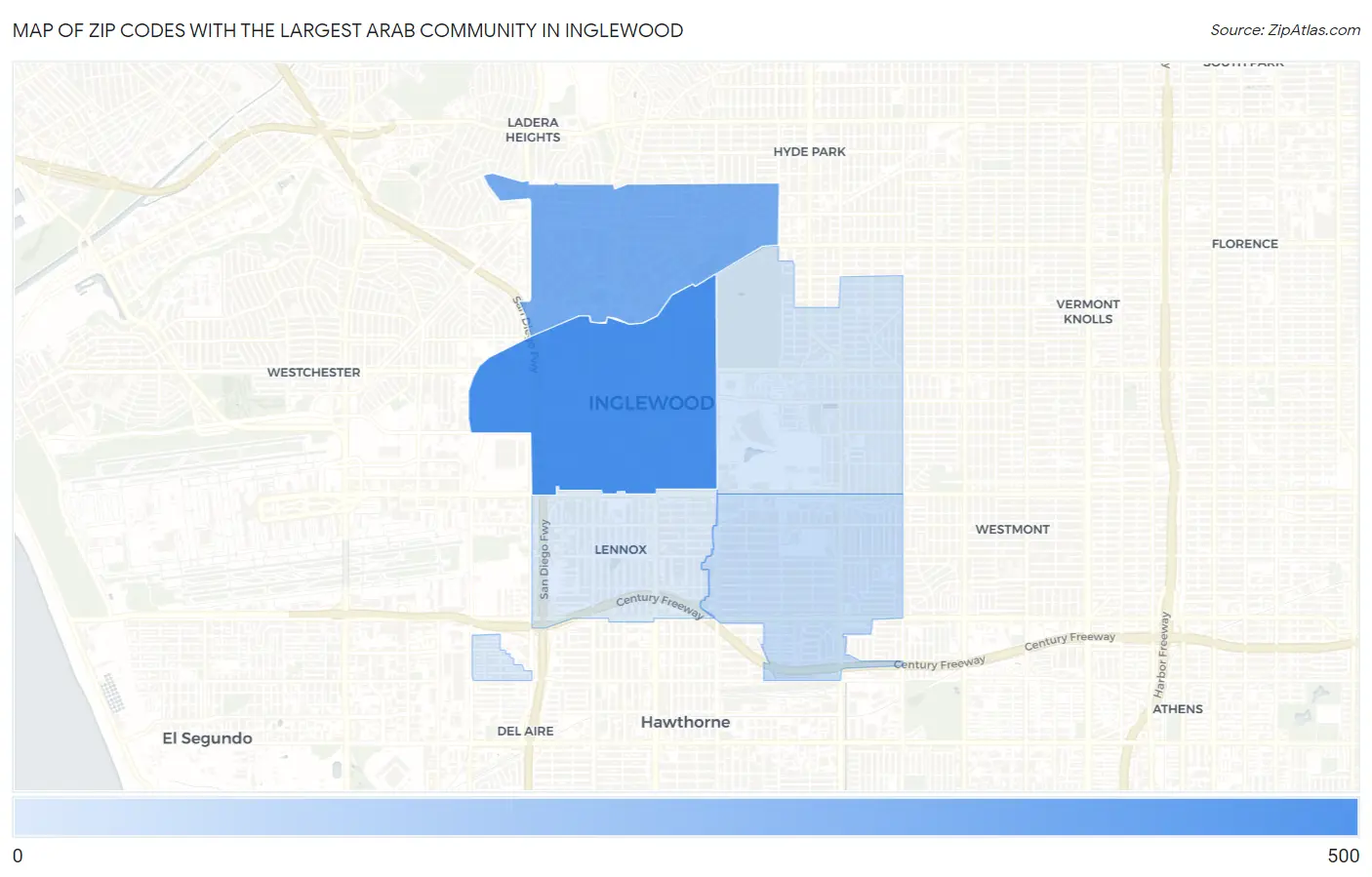 Zip Codes with the Largest Arab Community in Inglewood Map